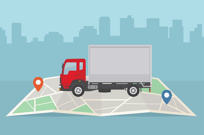 Delivery truck and map on city background. Transport services, logistics and freight of goods concept. Flat style, vector illustration, local movers