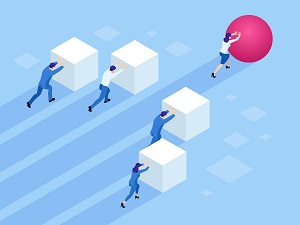 Isometric Business people pushing cubes. Winner easily moving the cube. Winning strategy, efficiency, innovation in business concept, local movers